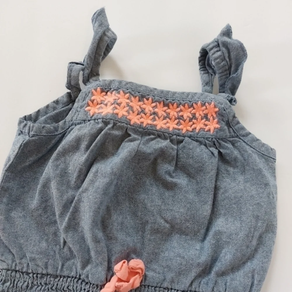 Blue & Coral Embroidered Chambray Romper‎ 12 Months Osh Kosh
